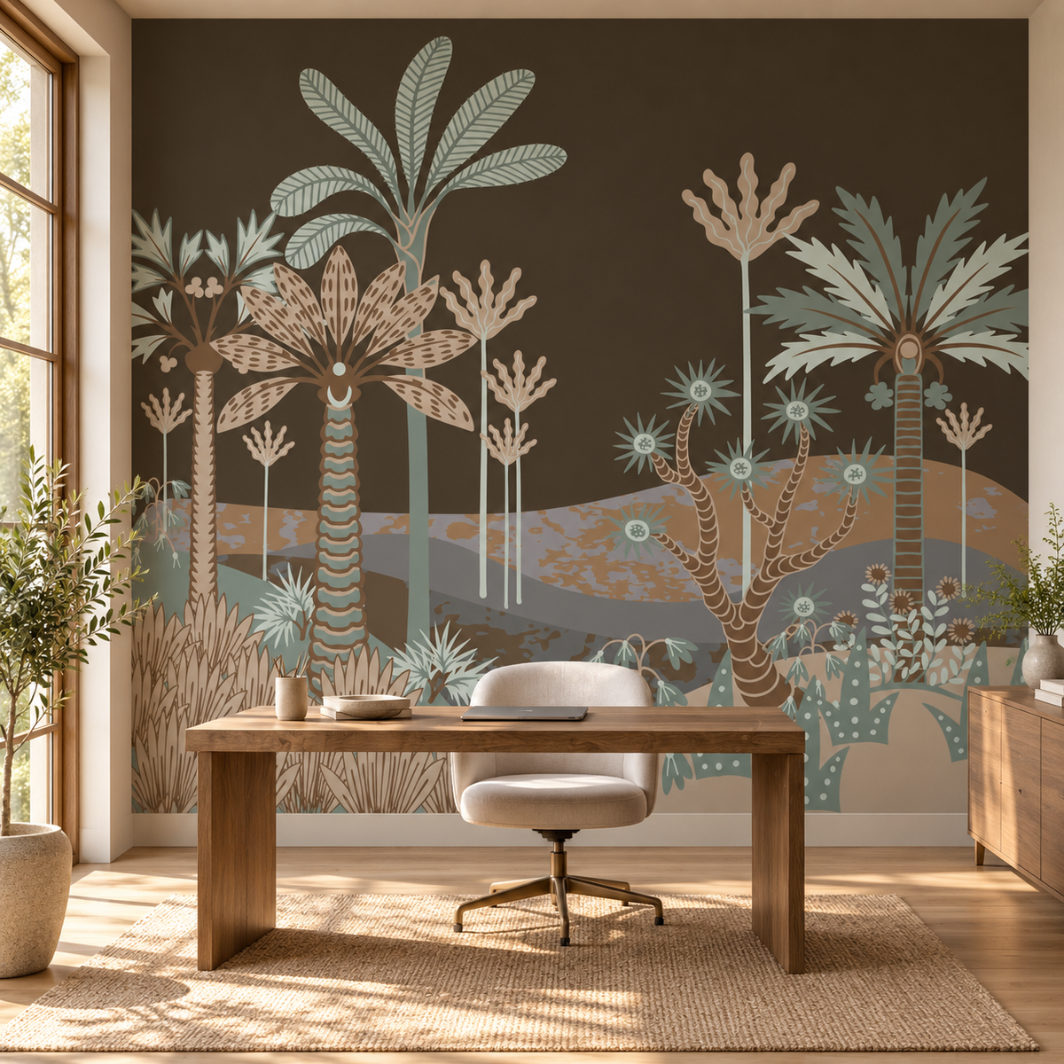 Desert Twilight, peel and stick wallpaper styled on a feature wall