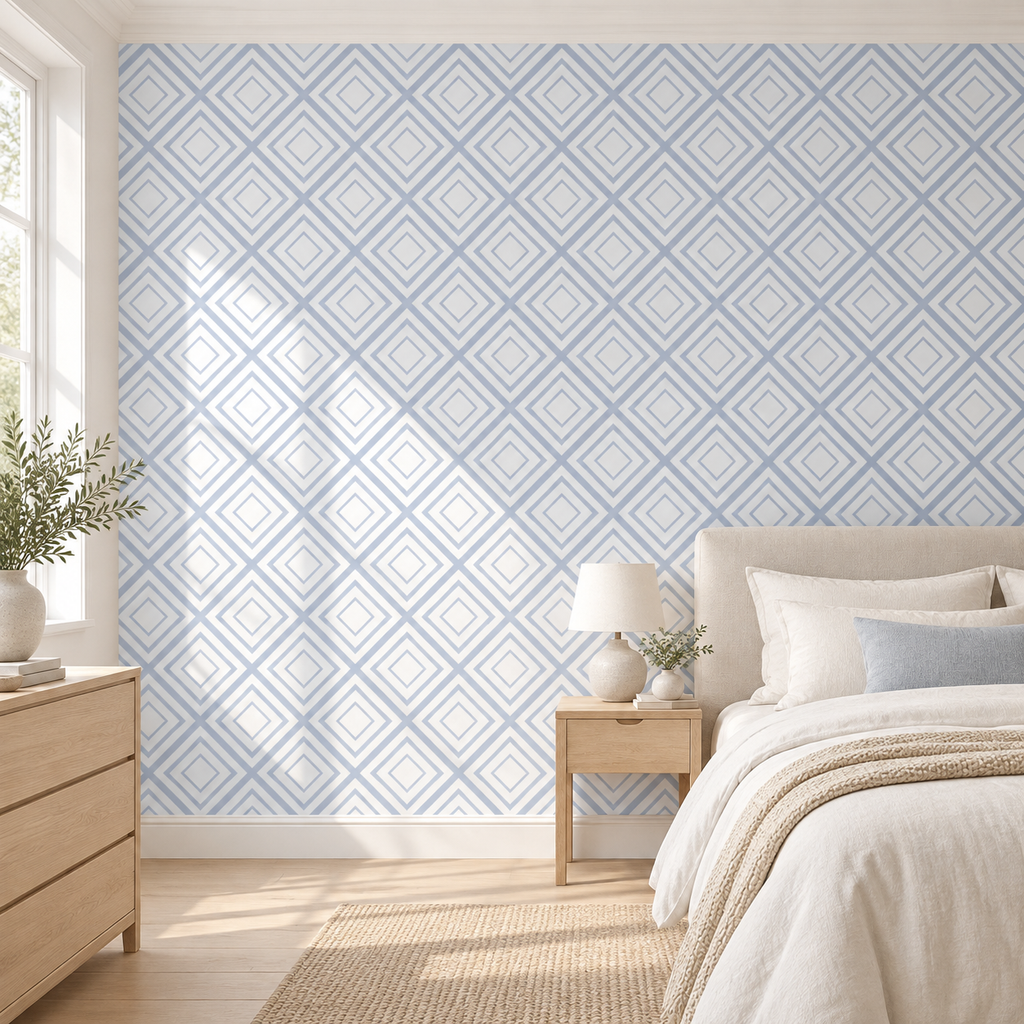 Diamond Lattice, peel and stick wallpaper styled on a feature wall