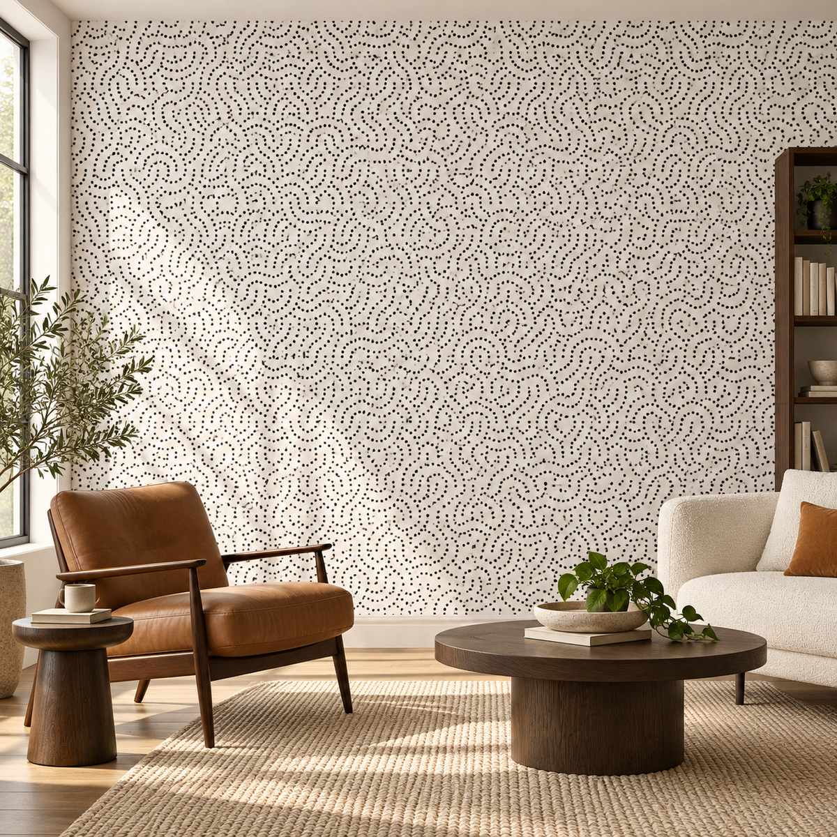 Dotted Maze, peel and stick wallpaper styled on a feature wall