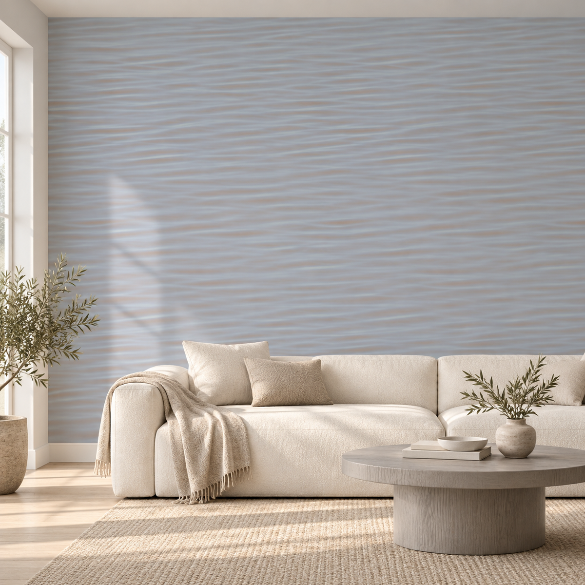 Drifted Linen, peel and stick wallpaper styled on a feature wall