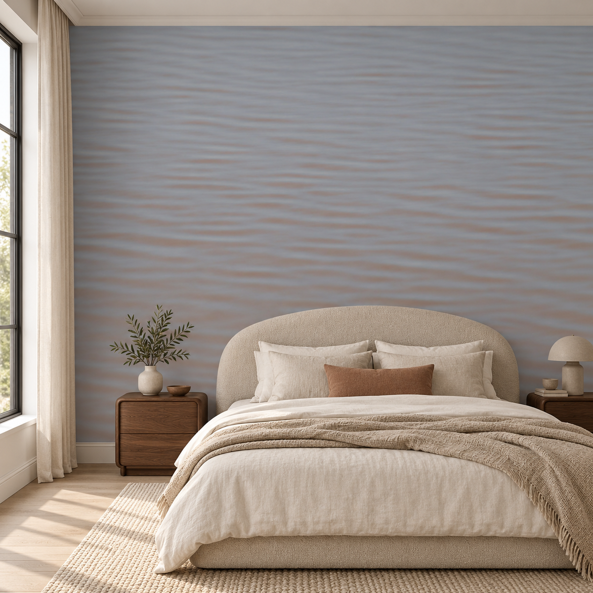 Drifted Silk, peel and stick wallpaper styled on a feature wall