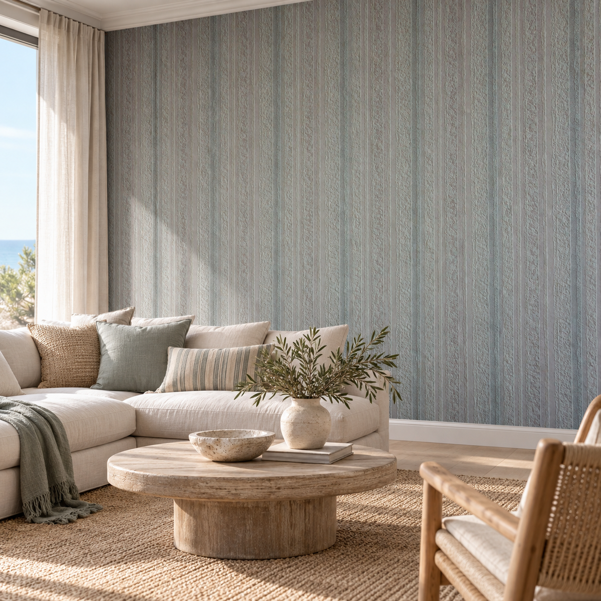 Driftwood Grain, peel and stick wallpaper styled on a feature wall