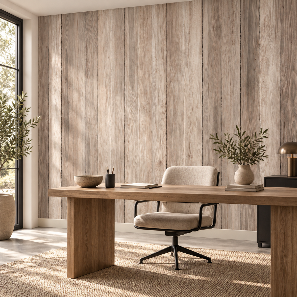 Driftwood Panels, peel and stick wallpaper styled on a feature wall