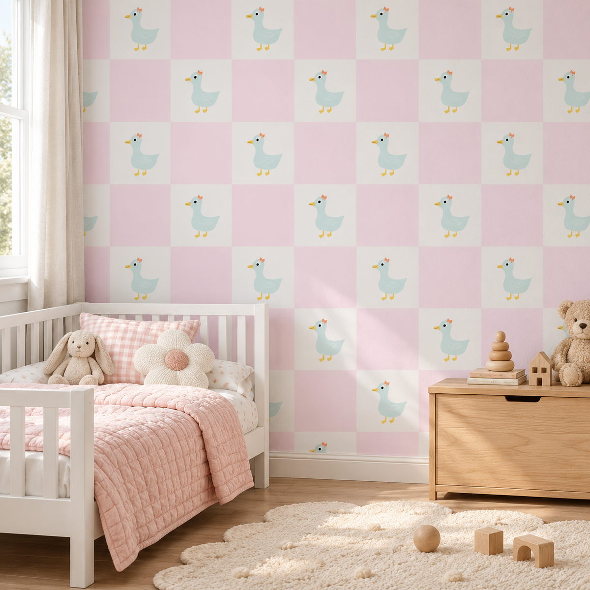 Duckling Squares peel and stick wallpaper styled on a feature wall