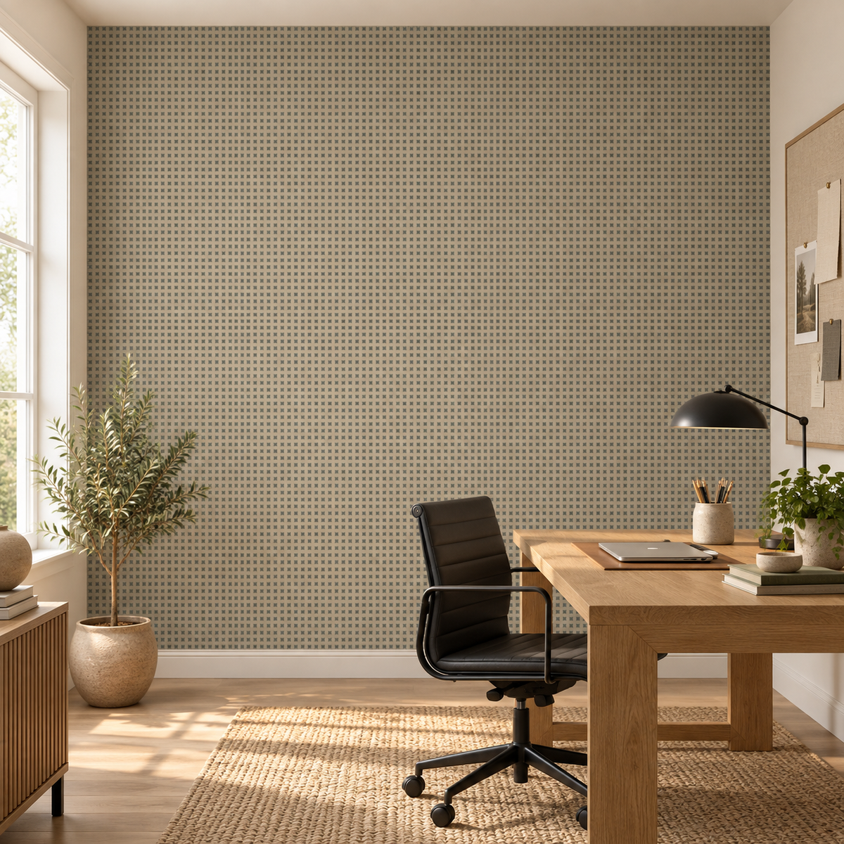 Dune Grid, peel and stick wallpaper styled on a feature wall