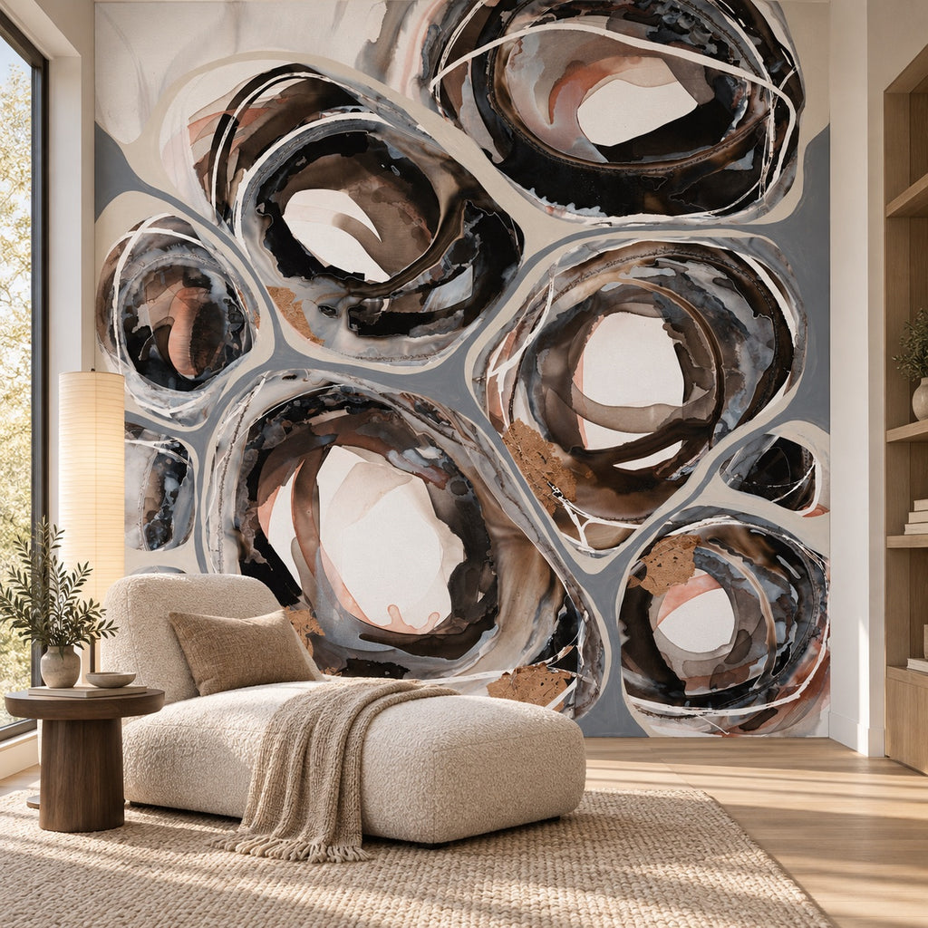 Earth Echo I mural by Lara Scolari, peel and stick wallpaper styled in a room