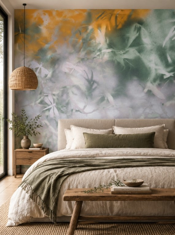 Earth Love mural by De-Anne Strange, peel and stick wallpaper styled in a bedroom