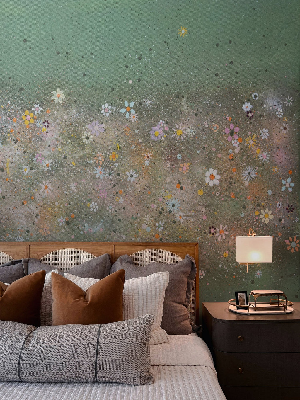 Earth's Celebration Mural – Sage Green by De-Anne Strange, wallpaper mural styled on a feature wall