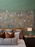 Earth's Celebration Mural – Sage Green by De-Anne Strange, wallpaper mural styled on a feature wall