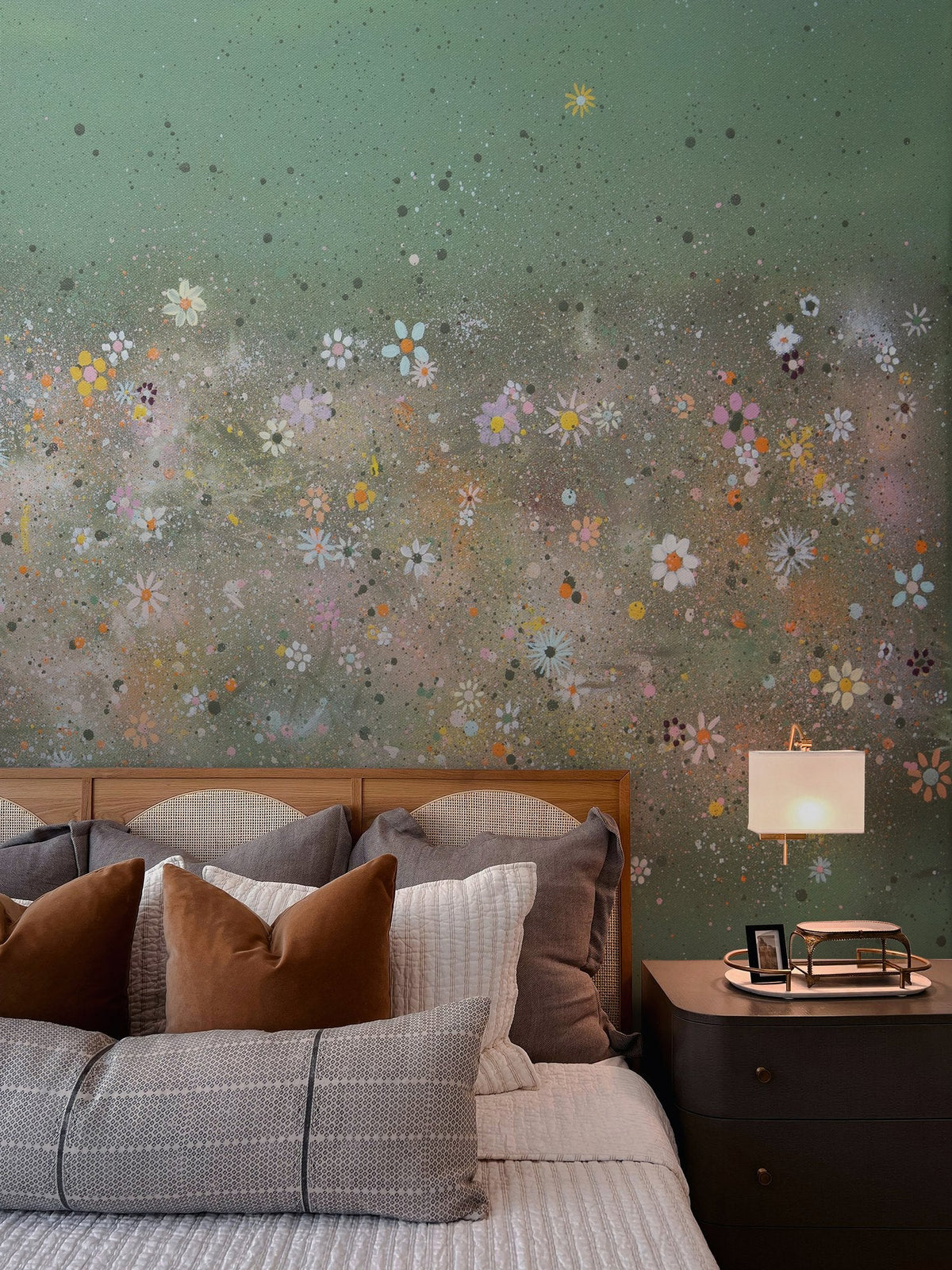 Earth's Celebration Mural – Sage Green by De-Anne Strange, wallpaper mural styled on a feature wall