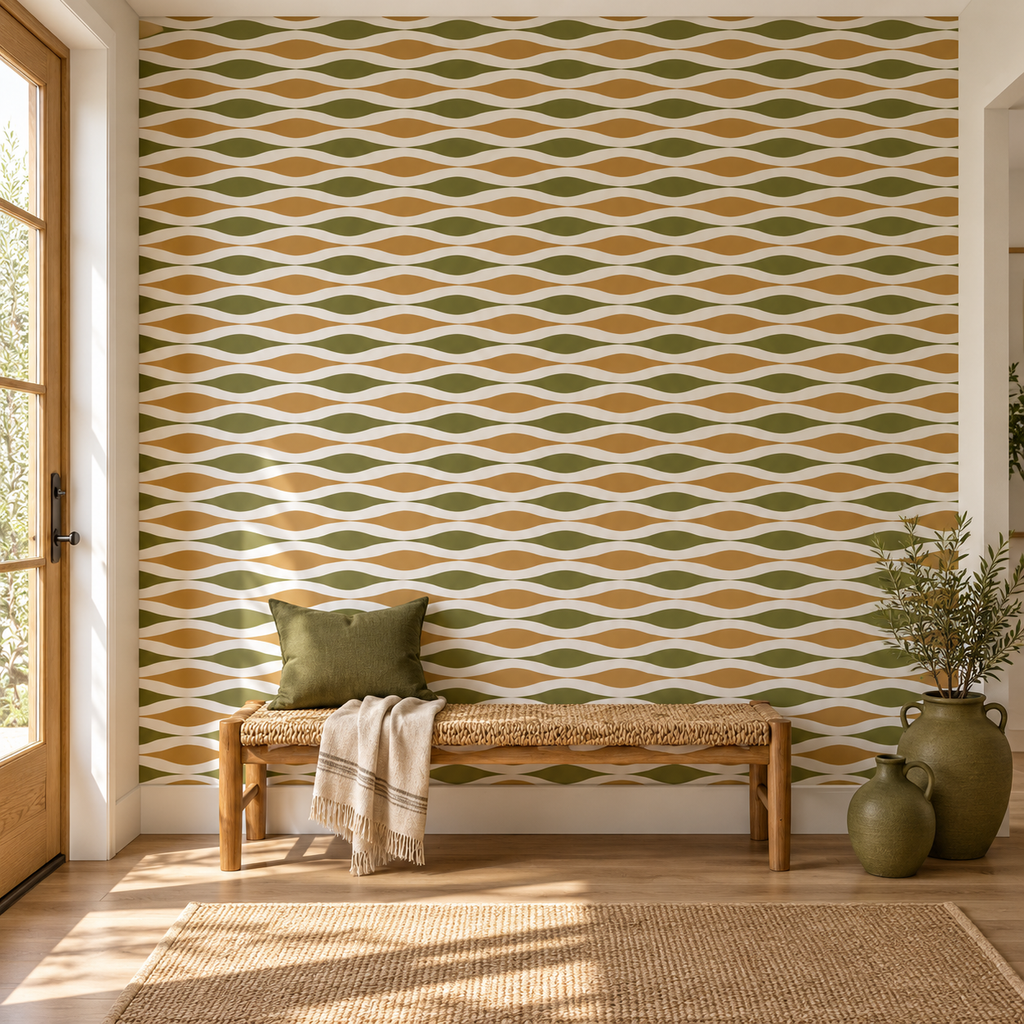 Earthwave Rhythm, peel and stick wallpaper styled on a feature wall