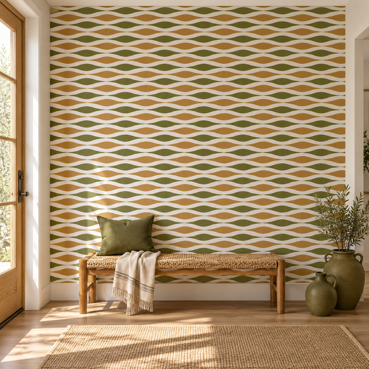 Earthwave Rhythm, peel and stick wallpaper styled on a feature wall