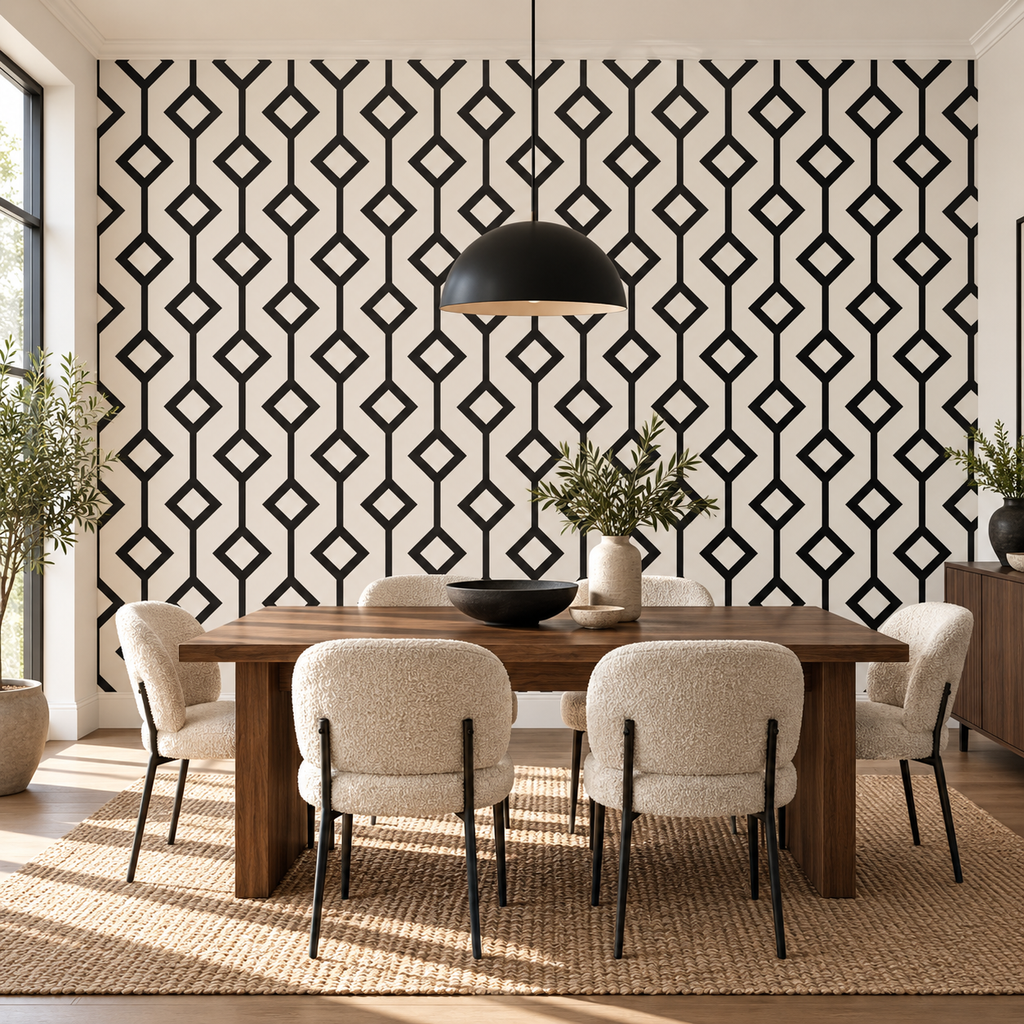 Ebony Diamonds, peel and stick wallpaper styled on a feature wall
