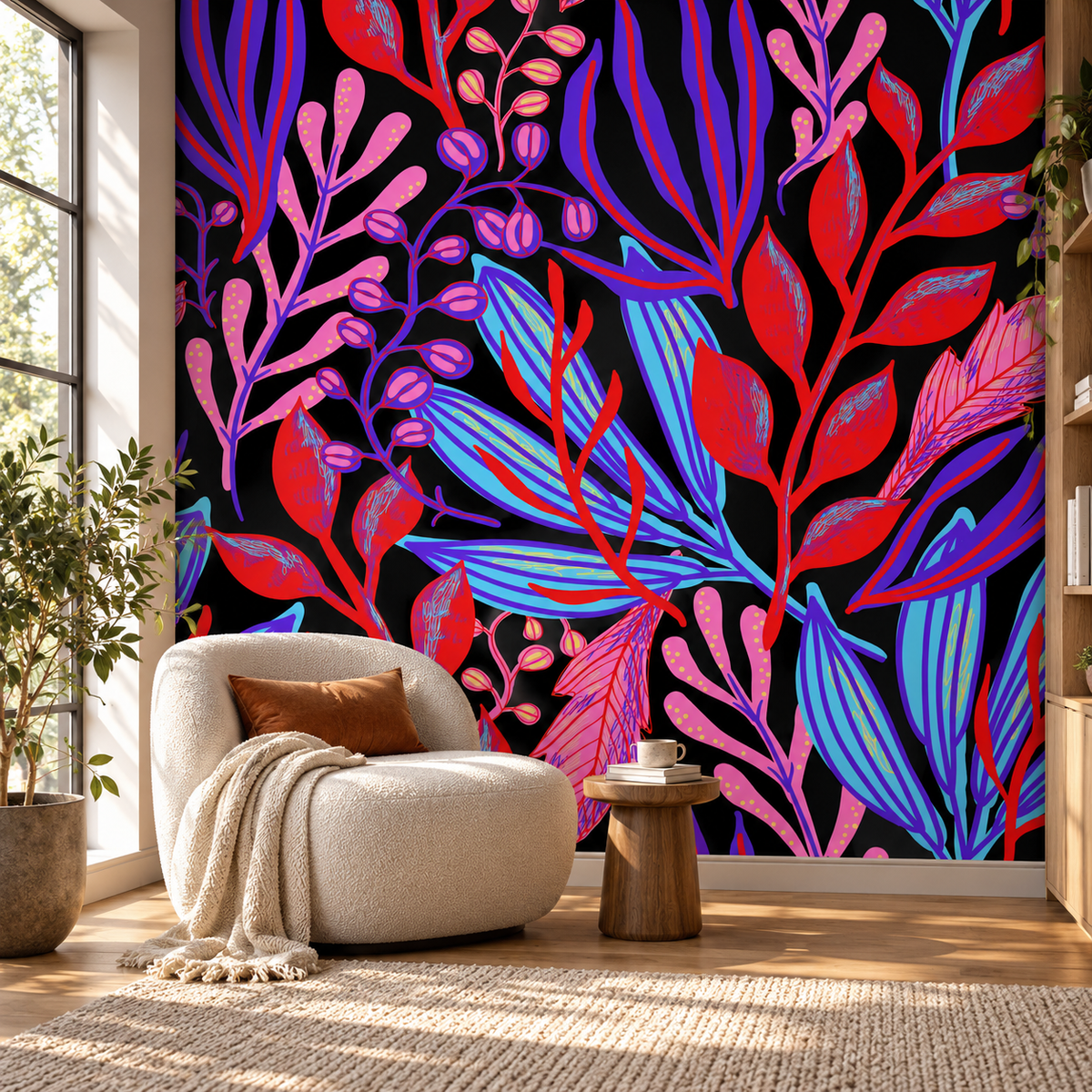 Electric Foliage, peel and stick wallpaper styled on a feature wall