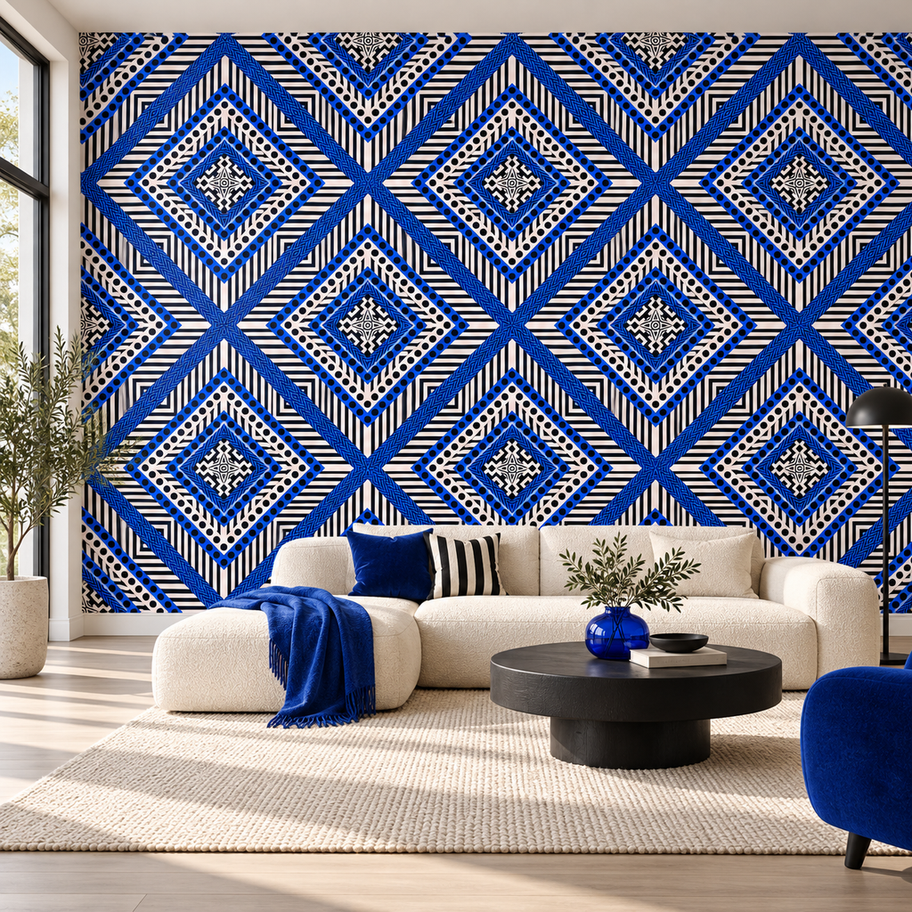 Electric Geometry, peel and stick wallpaper styled on a feature wall