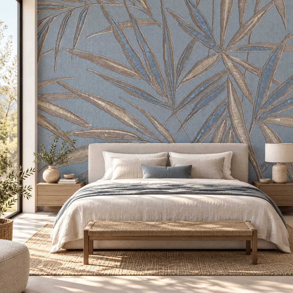 Embroidered Fronds, peel and stick wallpaper styled on a feature wall