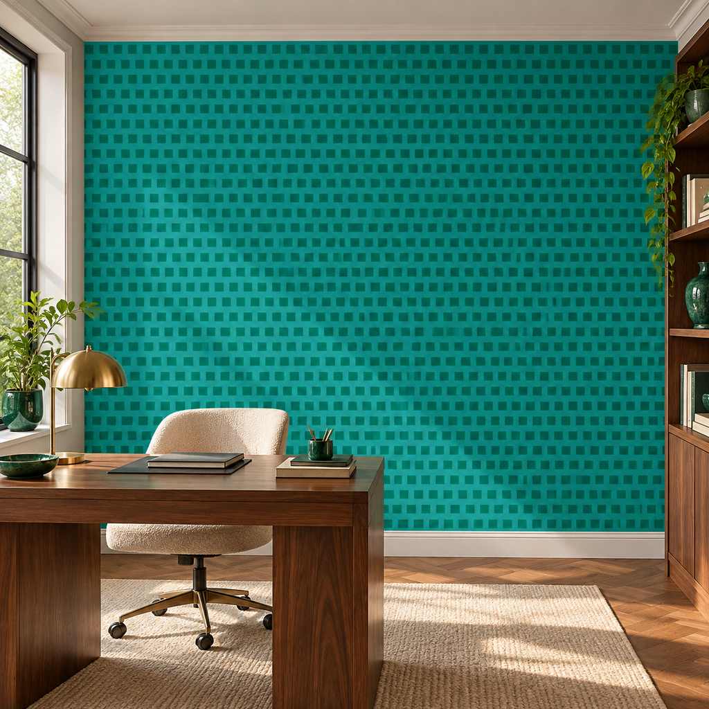 Emerald Grid, peel and stick wallpaper styled on a feature wall