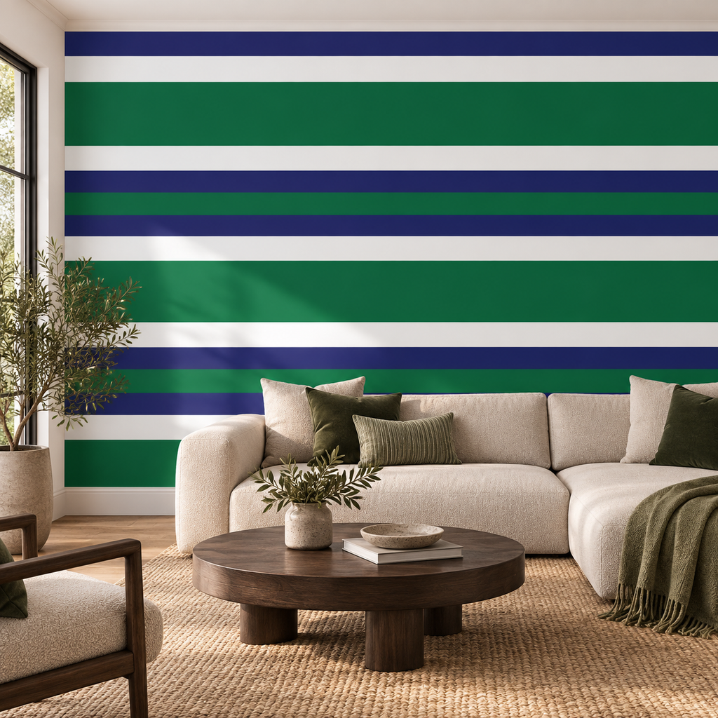 Emerald Rhythm, peel and stick wallpaper styled on a feature wall