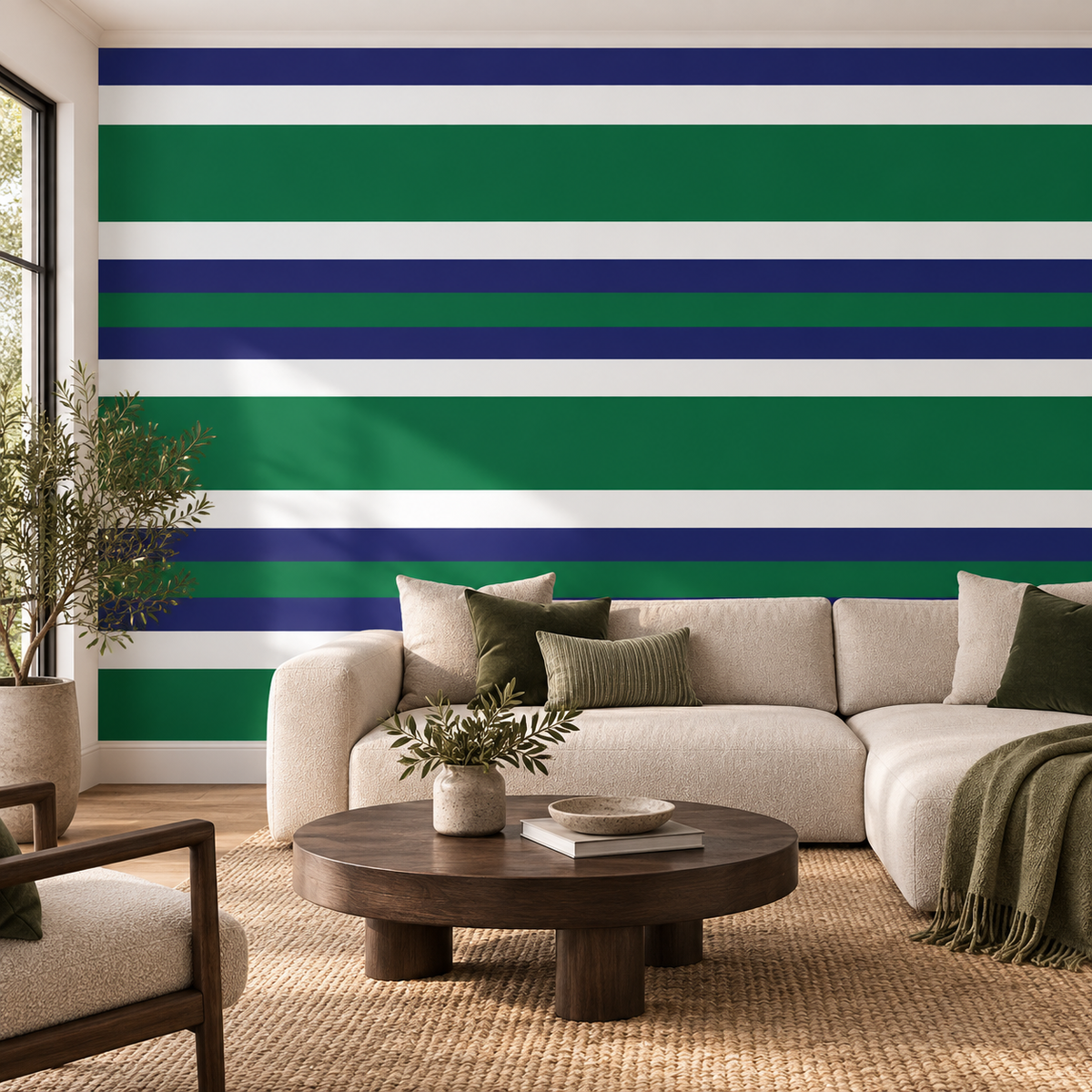 Emerald Rhythm, peel and stick wallpaper styled on a feature wall