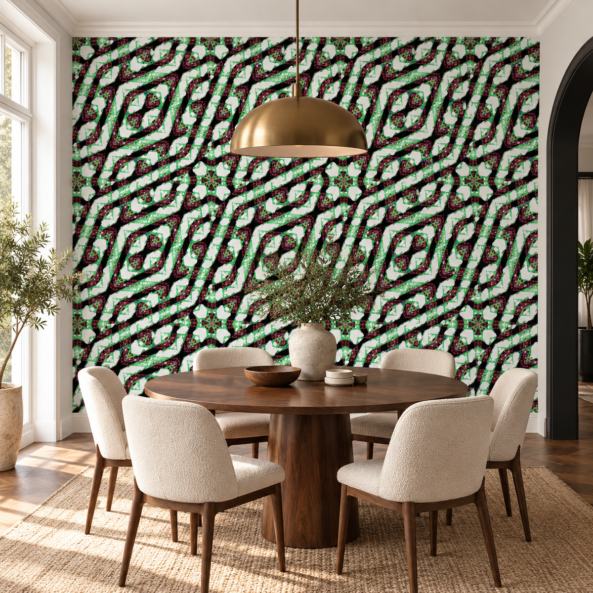 Emerald Vortex, peel and stick wallpaper styled on a feature wall