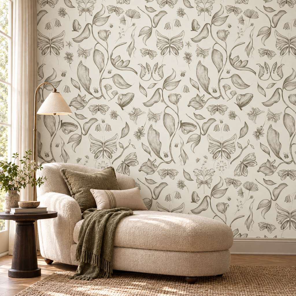 Enchanted Garden in Olive by Cat Bellini, peel and stick wallpaper styled on a feature wall