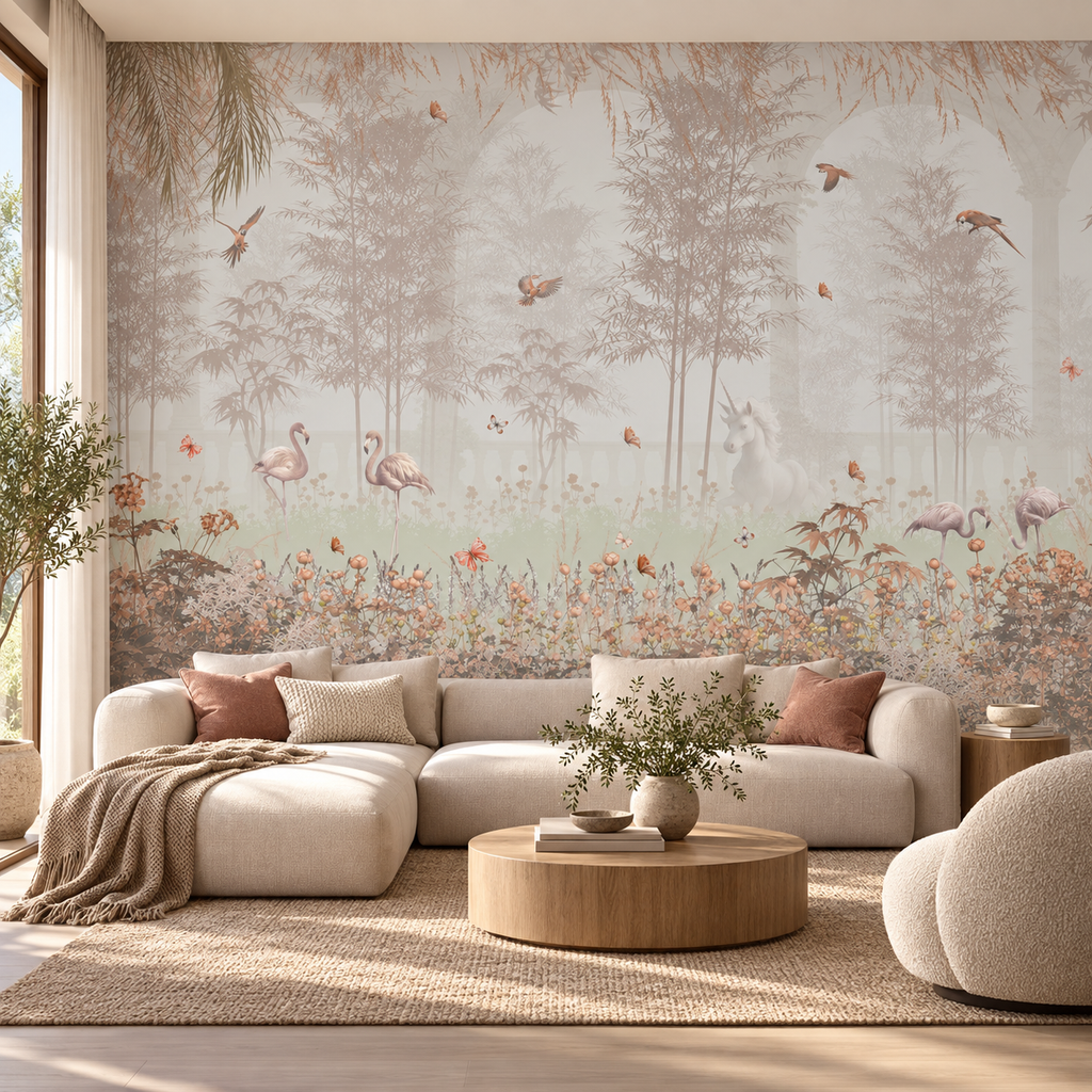 Enchanted Meadow, peel and stick wallpaper styled on a feature wall