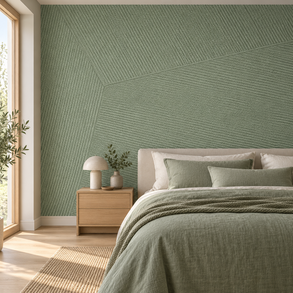 Eucalyptus Fold, peel and stick wallpaper styled on a feature wall