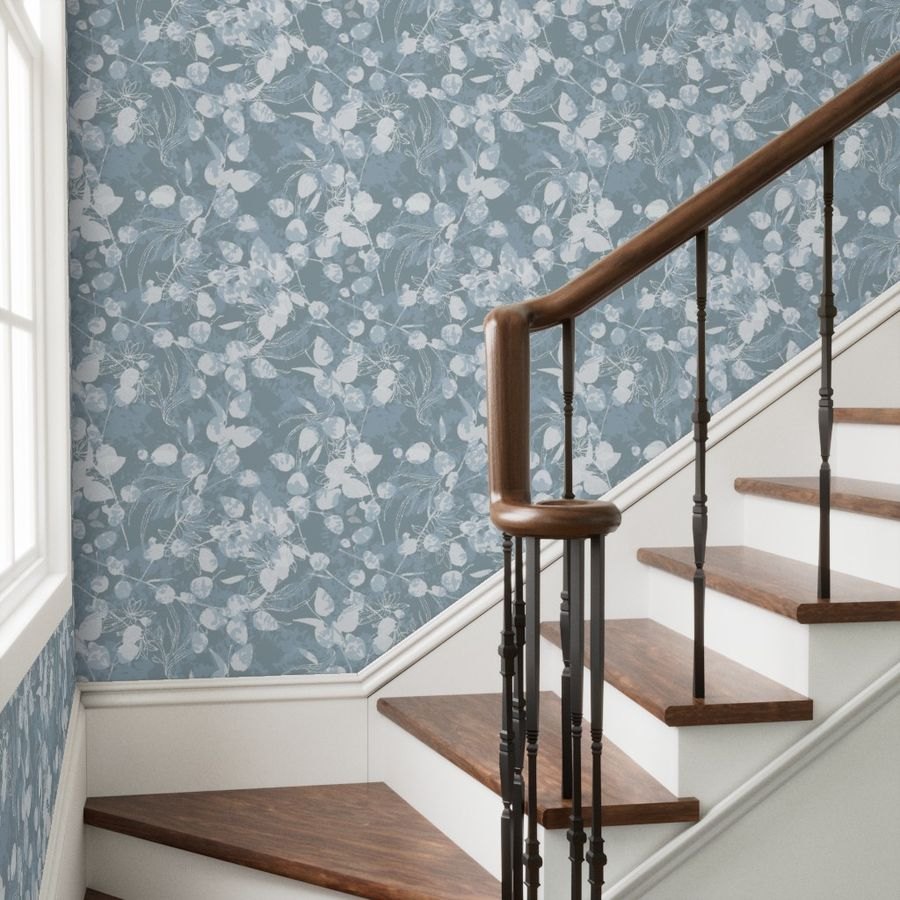 Eucalyptus Love in Light Blue by De-Anne Strange, peel and stick wallpaper styled in a room