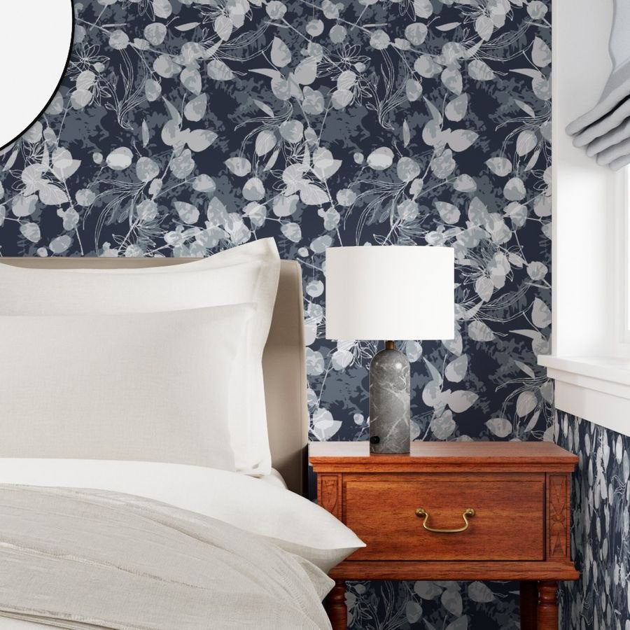 Eucalyptus Love in Navy by De-Anne Strange, peel and stick wallpaper styled in a bedroom