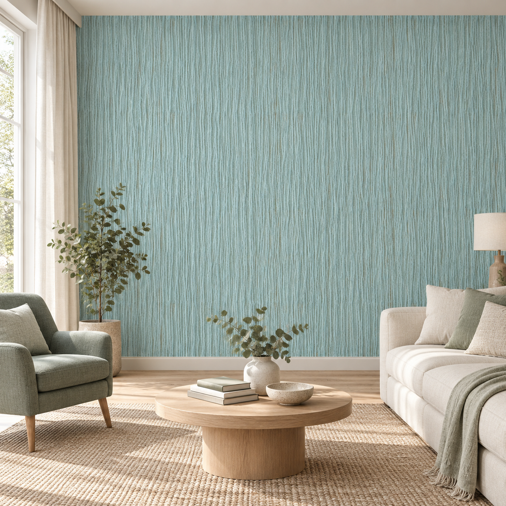 Eucalyptus Strie, peel and stick wallpaper styled on a feature wall