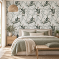 Eucalyptus Whisper peel and stick wallpaper styled in a bedroom