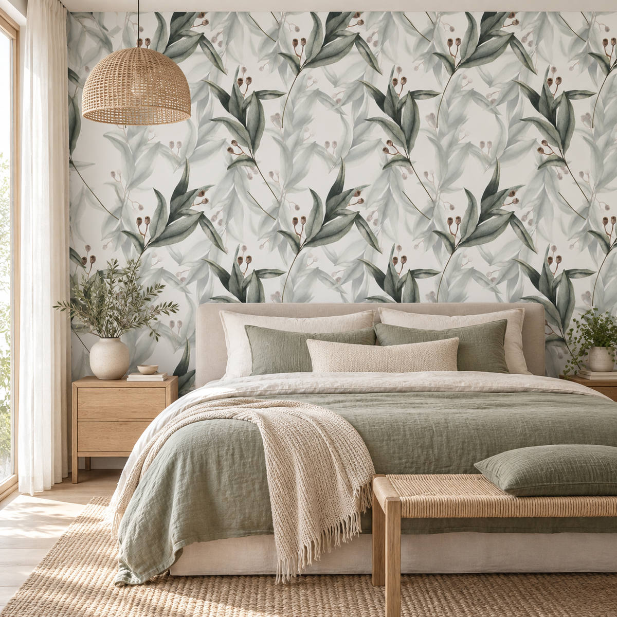 Eucalyptus Whisper peel and stick wallpaper styled in a bedroom