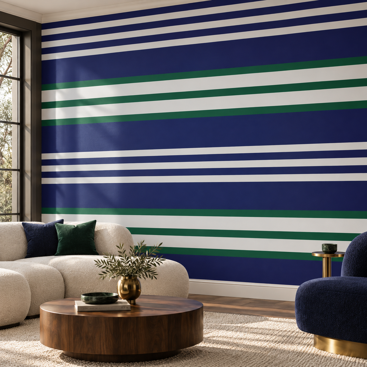 Evergreen Navy, peel and stick wallpaper styled on a feature wall