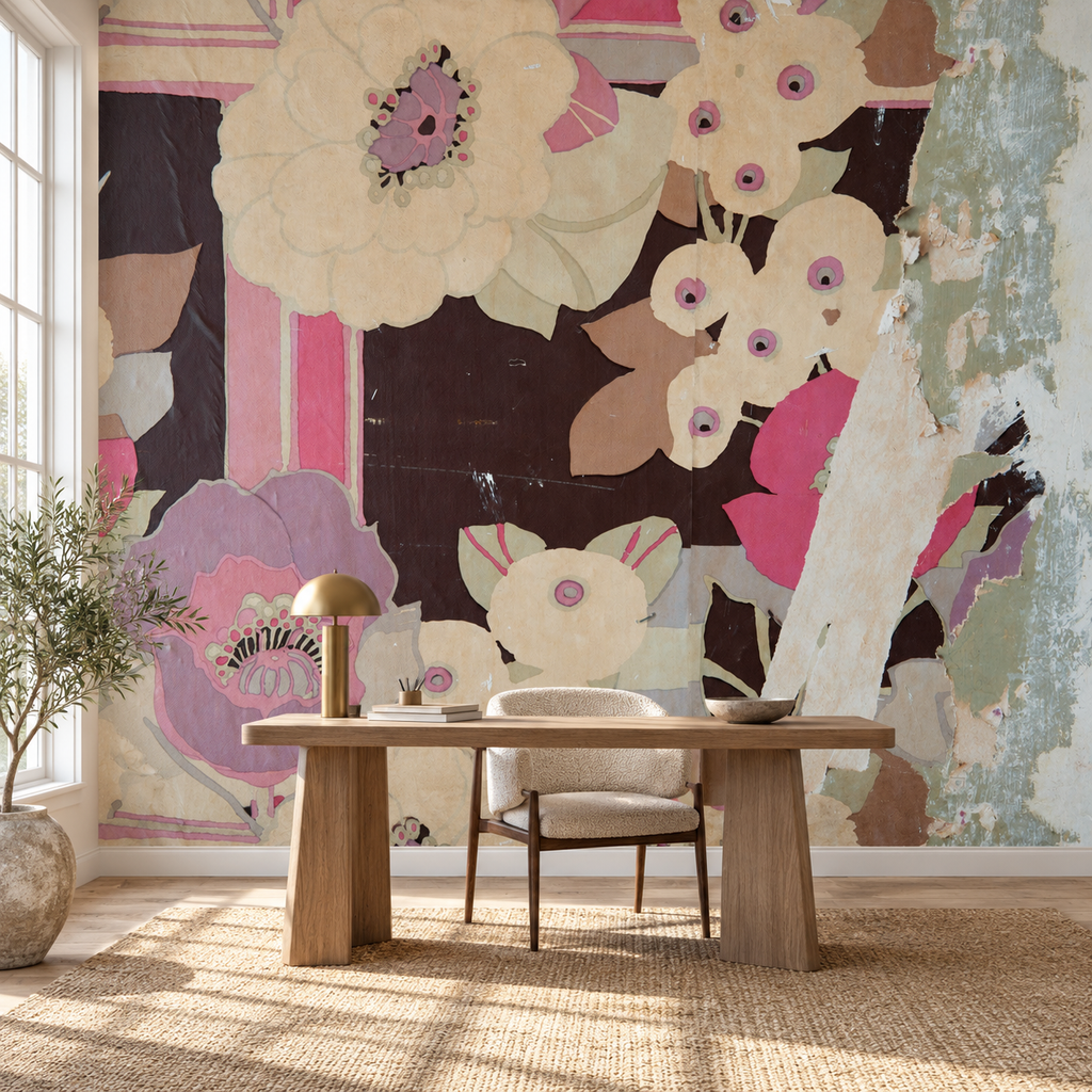 Faded Poppy, peel and stick wallpaper styled on a feature wall