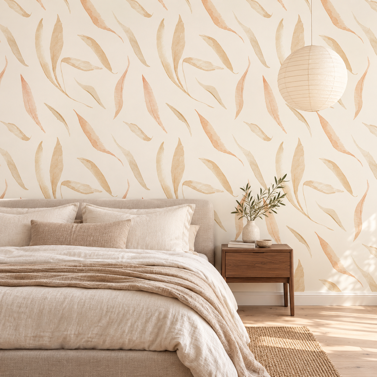 Falling Leaves in Antique Cream by Cat Bellini, peel and stick wallpaper styled on a feature wall