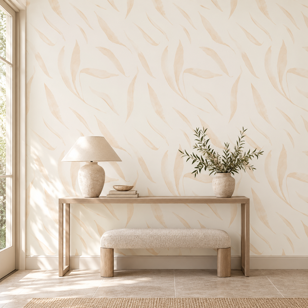 Falling Leaves in Neutral by Cat Bellini, peel and stick wallpaper styled on a feature wall