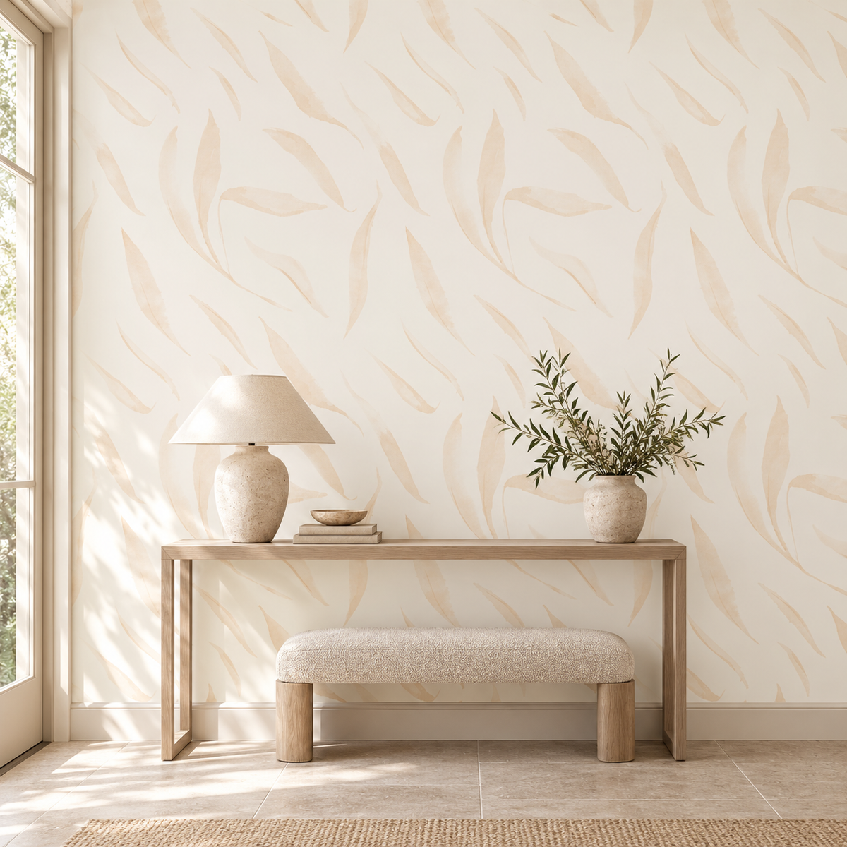 Falling Leaves in Neutral by Cat Bellini, peel and stick wallpaper styled on a feature wall