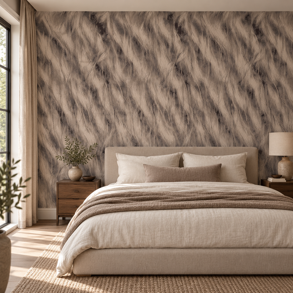 Feathered Suede, peel and stick wallpaper styled on a feature wall