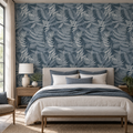 Fern Botanical in Dark Denim Blue by Sarah Thorpe, peel and stick wallpaper styled on a feature wall