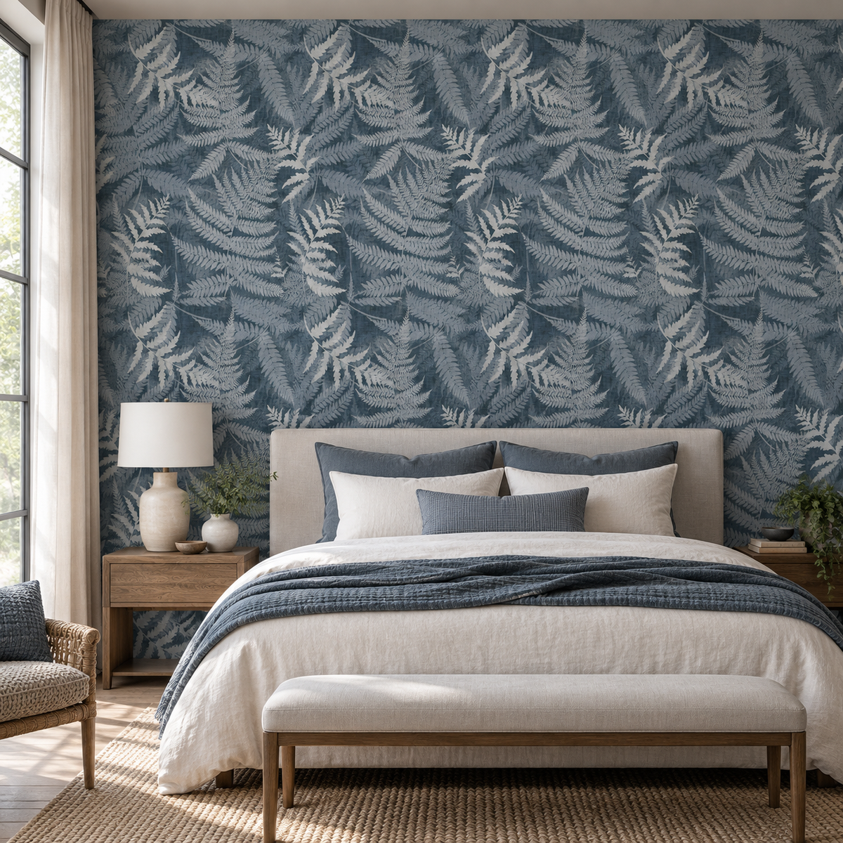 Fern Botanical in Dark Denim Blue by Sarah Thorpe, peel and stick wallpaper styled on a feature wall