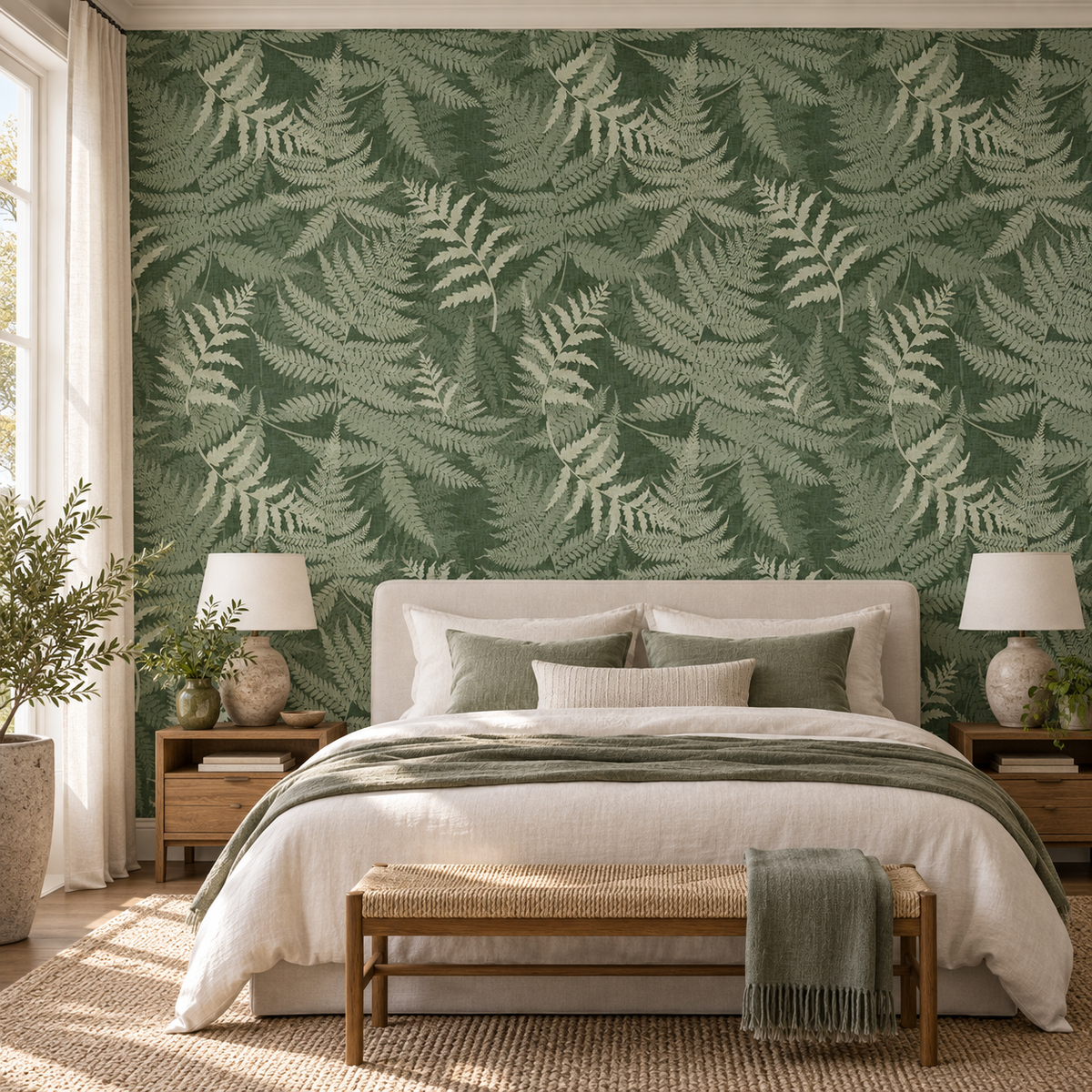 Fern Botanical in Forest Green by Sarah Thorpe, peel and stick wallpaper styled on a feature wall