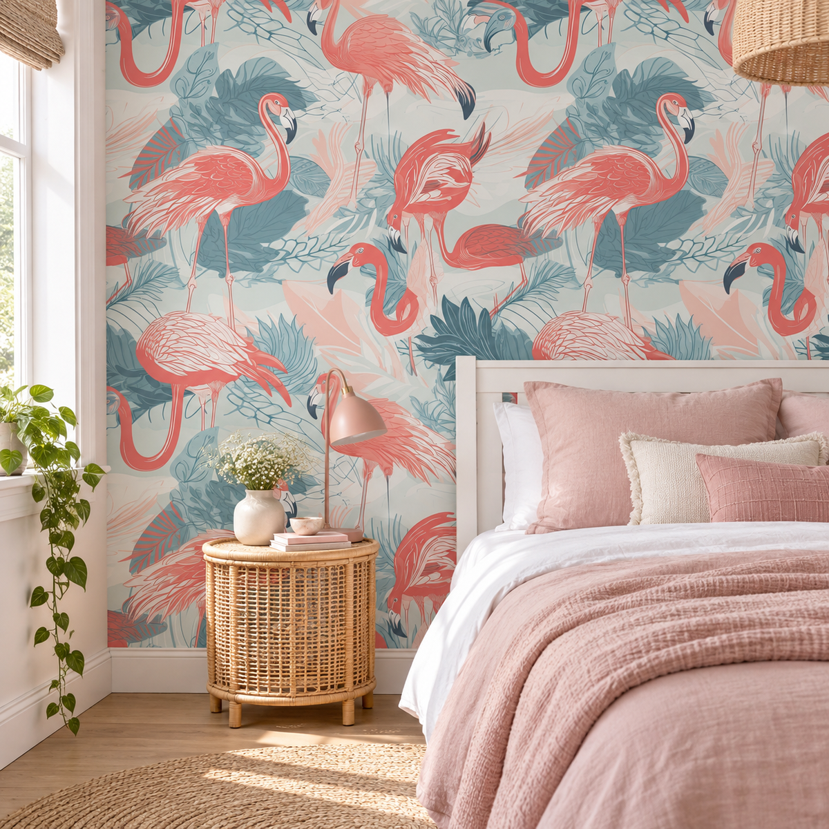 Flamingo Haven peel and stick wallpaper styled on a feature wall