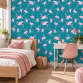 Flamingo Parade peel and stick wallpaper styled on a feature wall