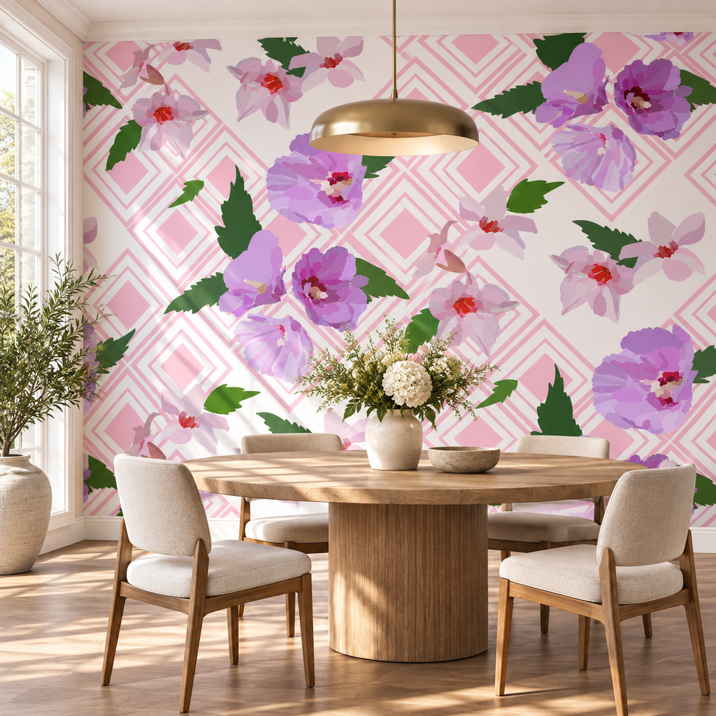 Floral Lattice, peel and stick wallpaper styled on a feature wall