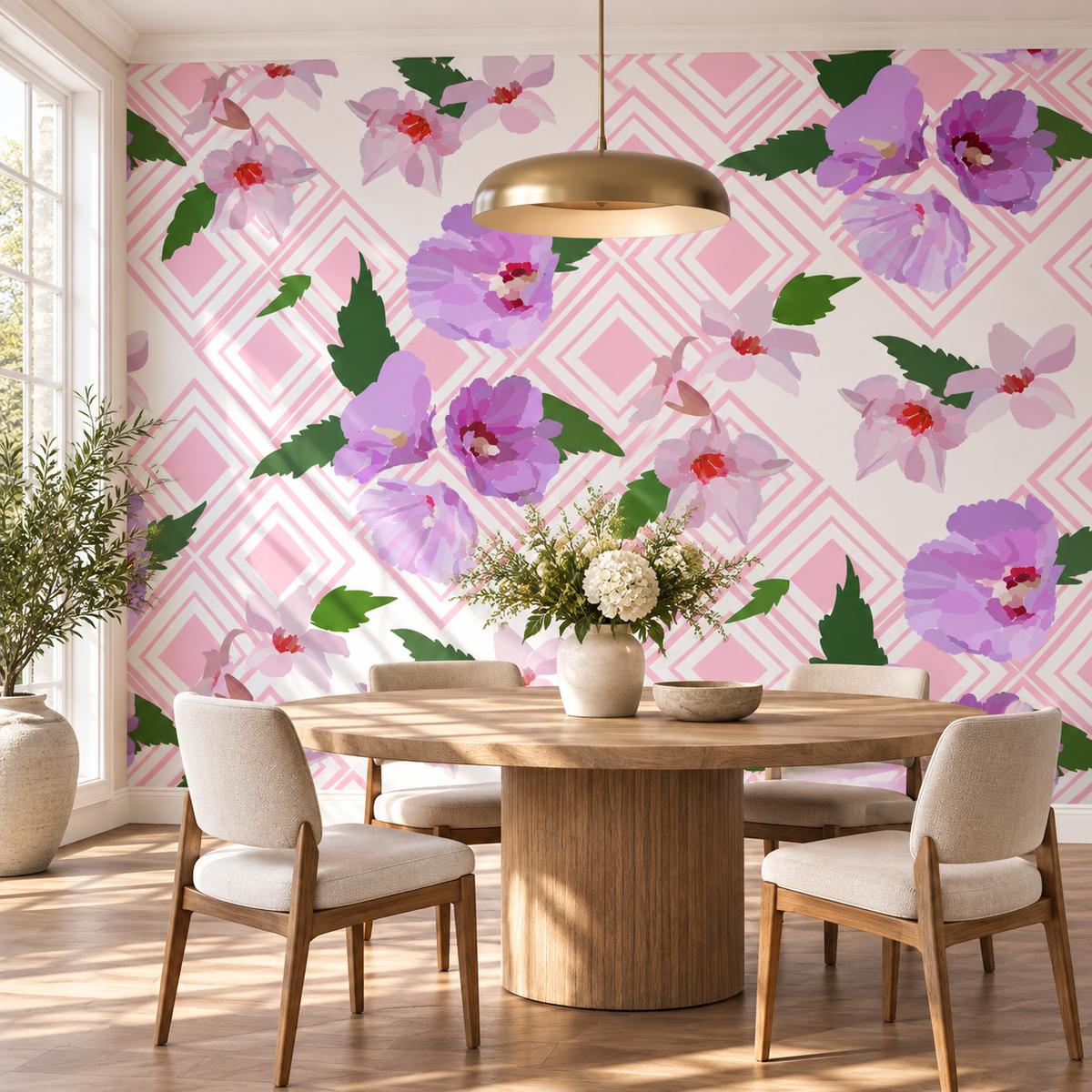 Floral Lattice, peel and stick wallpaper styled on a feature wall
