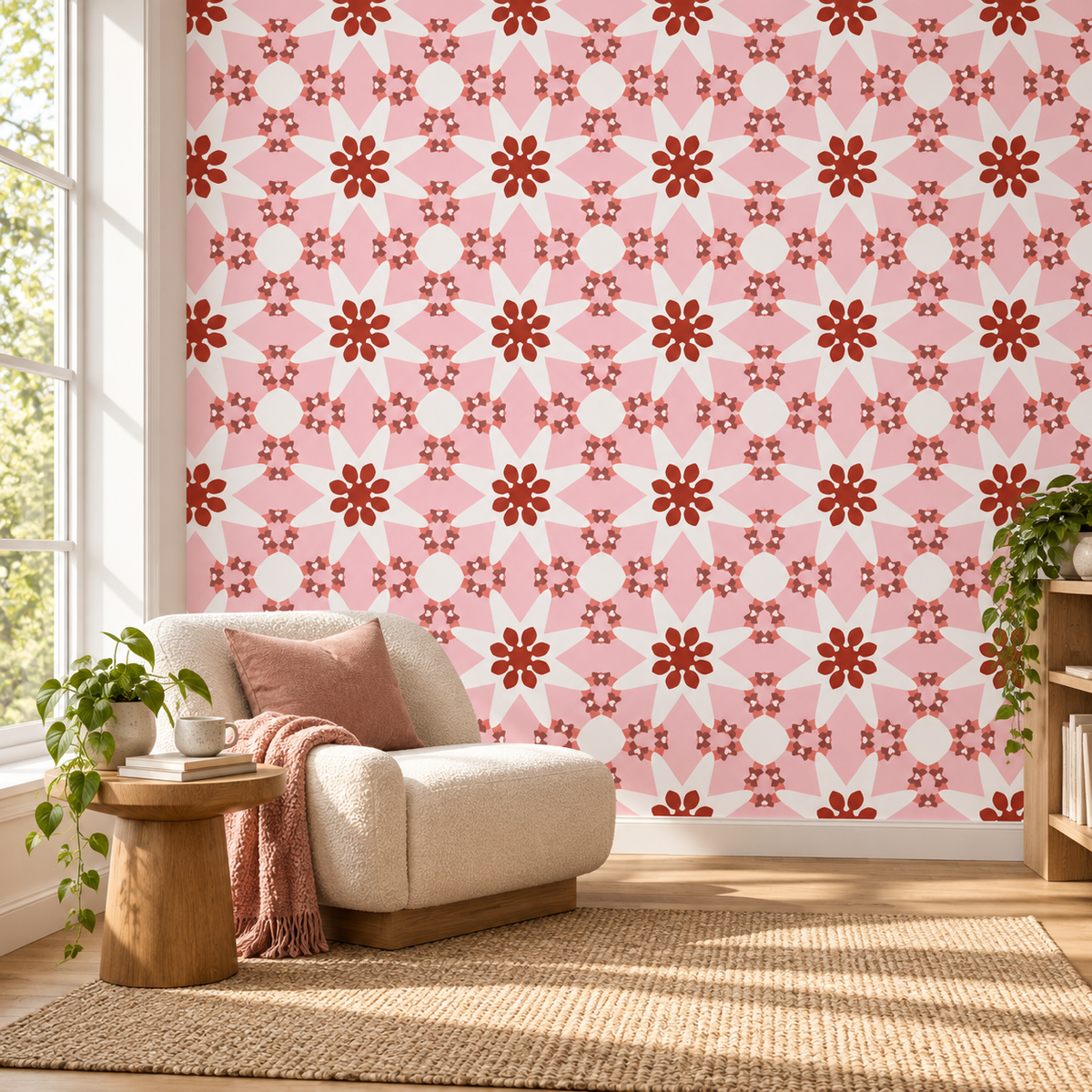 Floral Mosaic, peel and stick wallpaper styled on a feature wall