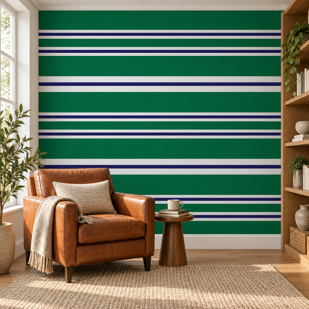 Forest Bands, peel and stick wallpaper styled on a feature wall