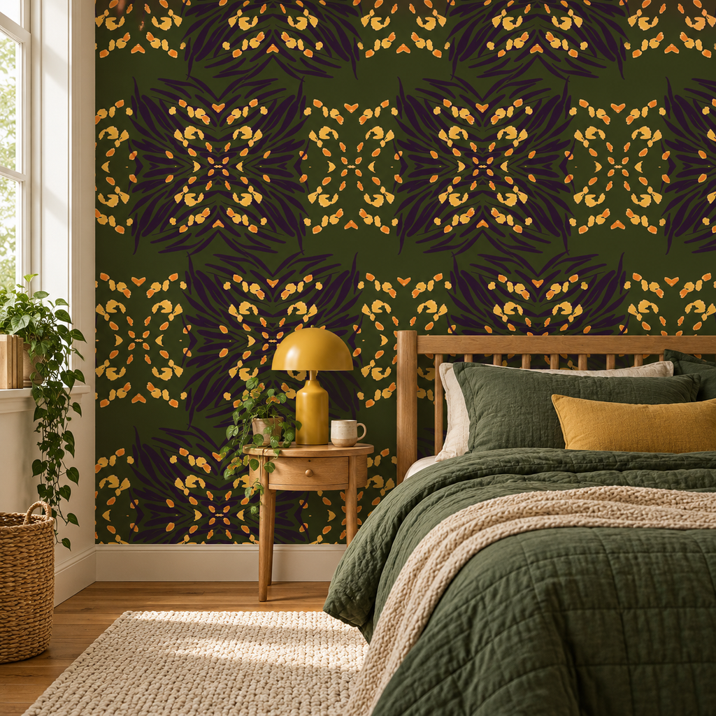 Forest Kaleidoscope peel and stick wallpaper styled on a feature wall