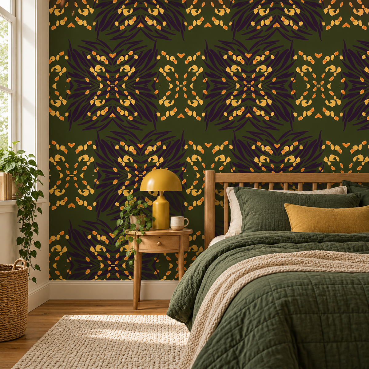 Forest Kaleidoscope peel and stick wallpaper styled on a feature wall