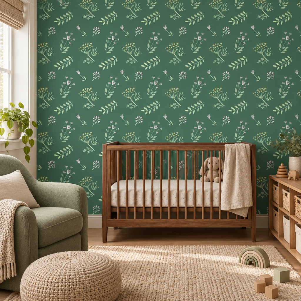 Forest Sprigs peel and stick wallpaper styled on a feature wall